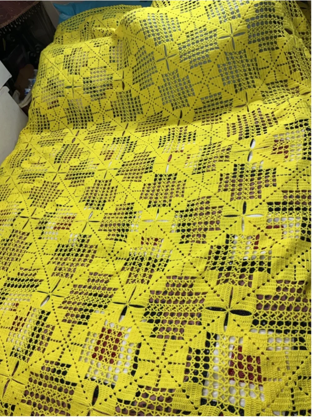 Vintage Handmade Yellow Crochet Afghan Blanket Bedspread